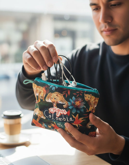 Cosmetiquera souvenir con jaguares ilustrados de Colombia — recuerdo de viaje selva colombiana, tigre, tigre mariposo, regalo para extranjeros, souvenir colombiano. Ailé