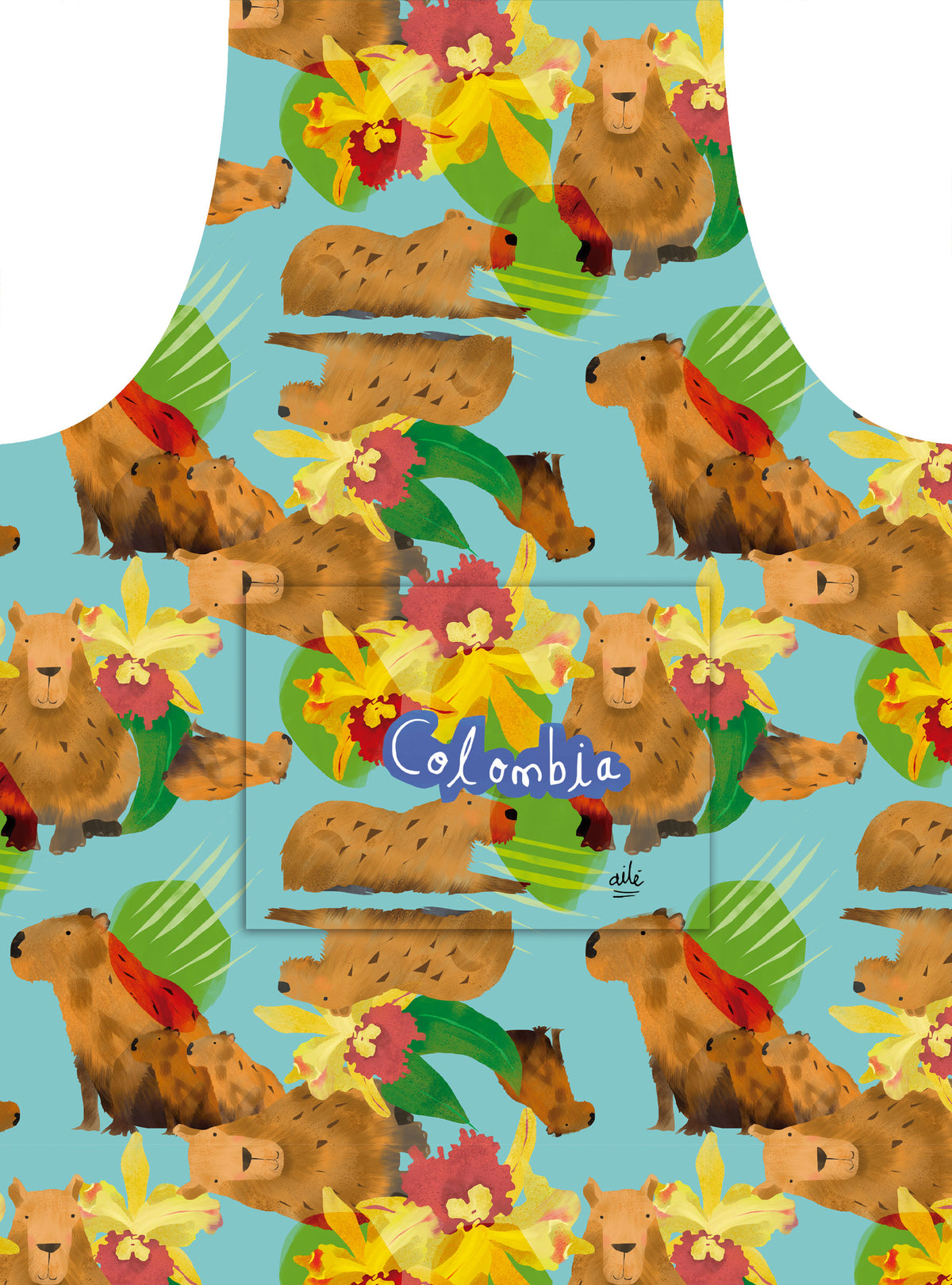 delantal infantil ecológico, con ilustración de capibara de Colombia y flores — regalo colombiano fauna de los Llanos Orientales, naturaleza, recuerdo de viaje original, souvenir chigüiro Colombia, capybara Colombia souvenir, Colombian capybara gif, delantal impermeable para niños Colombia, delantal niños tela colombiana ilustrada fauna andina, Colombian animals kids cooking apron, delantal ecológico infantil diseño colombiano original.Ailé
