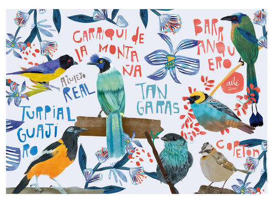 Set de individuales, ilustrado con aves colombianas — Carriquí de la montaña, Copetón, Azulejo real, Turpial, pato pisingo, Tangaras, azulejo y Barranquero ,egalo colombiano para el hogar, individual ecológico colombiano, detalle colombiano para la mesa, individuales de mesa colombianos, individual tela reciclada Colombia, individuales ilustrados Colombia.aile