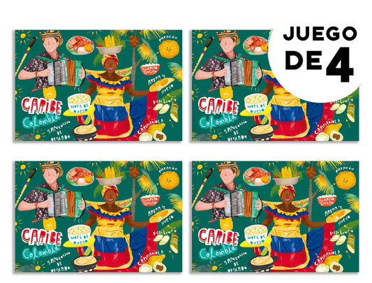 Individuales con diseño,con ilustración del Caribe colombiano — palenquera, vallenato y comida típica costeña , individuales ilustrados Colombia, individual sostenible con diseño colombiano, individual hecho con botellas recicladas Colombia, individual eco-friendly Colombia, decoración hogar con arte colombiano, individuales de tela colombianos, eco souvenir Colombia.aile