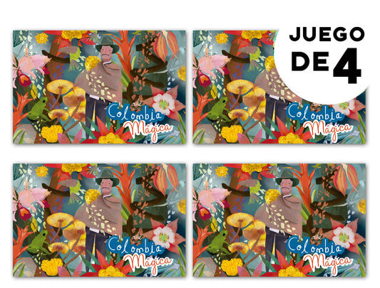 Individuales con diseño,ilustrado "Colombia Mágica" con campesino colombiano entre flores tropicales, bosque alto andino, bromelias, heliconias, rana y orquídeas ,decoración colombiana para comedor, set de individuales con diseño de fauna colombiana, detalle empresarial colombiano ilustrado, individuales colombianos para regalo empresarial, individuales decorativos con biodiversidad colombiana, individuales para mesa diseño Ailé Colombia.Aile