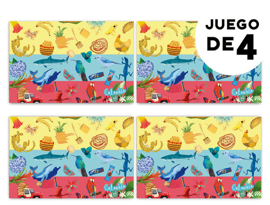 Individuales para mesa con, colombian illustrated home accessories, individuales decorativos Colombia, regalo para colombianos en el exterior, set de individuales colombianos, regalos con identidad colombiana, illustrated Colombia table mat, decoración de mesa colombiana, decoración colombiana para comedor.Aile