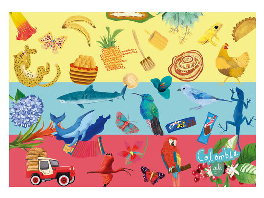 Set de individuales, diseño con fauna colombiana — jaguar, mariposas, gallina, azulejo, guacamaya roja, corocora — diseño colombiano Ailé, colores de Colombia, colors of Colombia souvenir, regalo colombiano para el hogar, individual ecológico colombiano, detalle colombiano para la mesa, individuales de mesa colombianos, individual tela reciclada Colombia, individuales ilustrados Colombia, individual sostenible con diseño colombiano.Aile