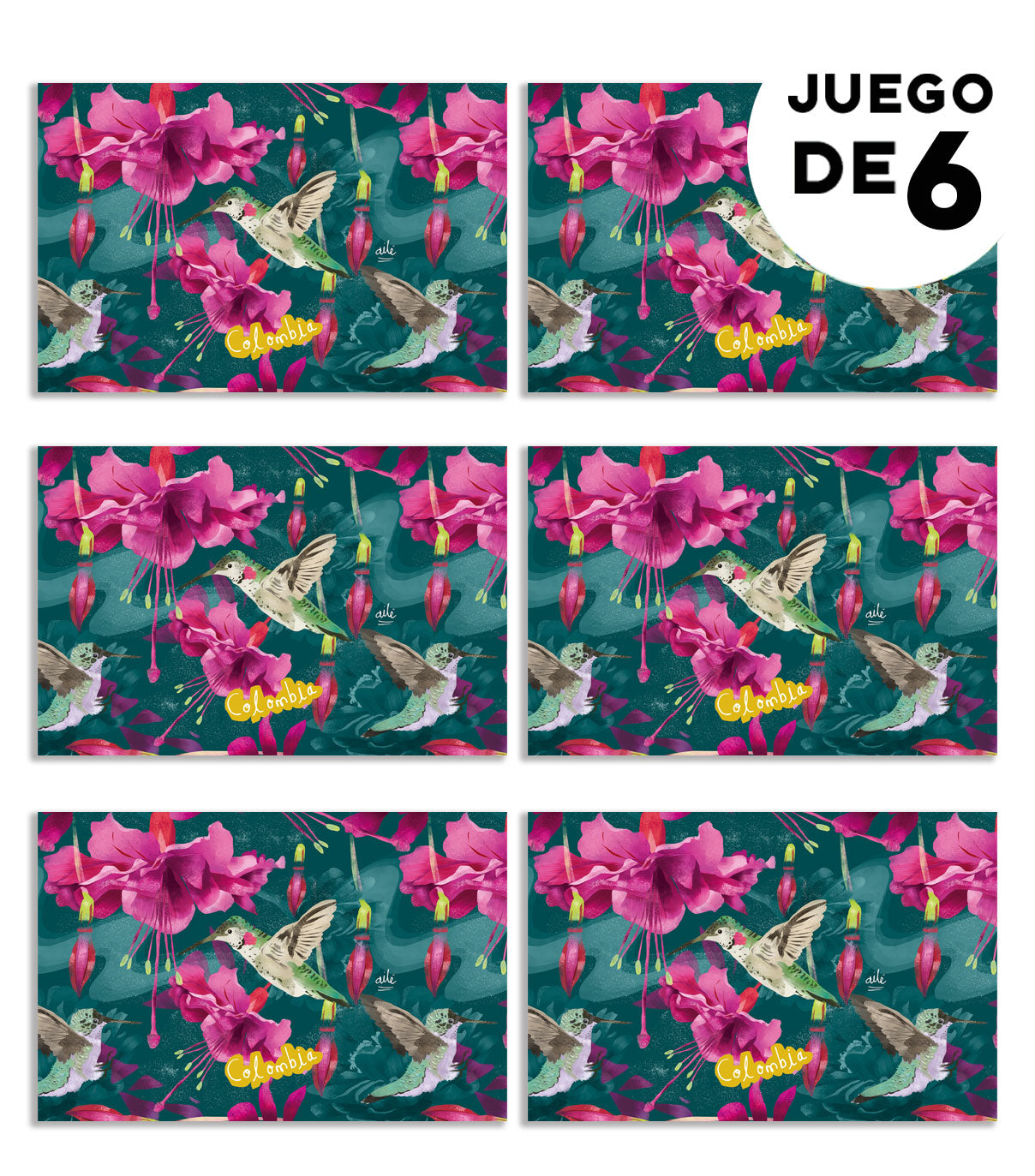 Individual de tela impermeable, ilustrado con colibríes colombianos entre flores tropicales fucsia , individuales colombianos para regalo empresarial, individuales decorativos con biodiversidad colombiana, individuales para mesa diseño Ailé Colombia, regalo corporativo colombiano original.ile