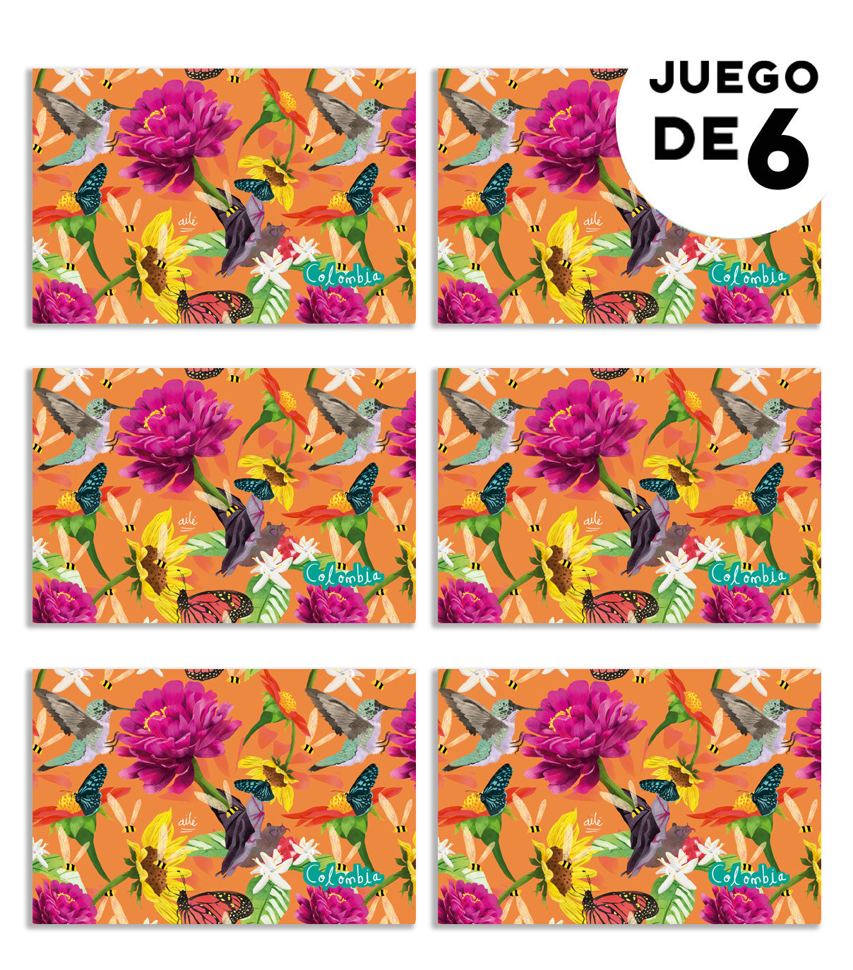 Individual de tela impermeable, ilustrado con polinizadores colombianos — colibríes, mariposas, abejas entre flores tropicales, murciélago, girasoles de Colombia ilustrados,decoración colombiana para comedor, set de individuales con diseño de fauna colombiana, detalle empresarial colombiano ilustrado, individuales colombianos para regalo empresarial, individuales decorativos con biodiversidad colombiana, individuales para mesa diseño Ailé Colombia, regalo corporativo colombiano original.aile
