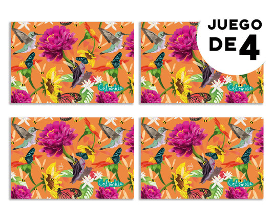 Individuales con diseño,con diseño de colibríes, mariposas monarca y abejas de Colombia fauna y biodiversidad, souvenirs de polinizadores,individual sostenible con diseño colombiano, individual hecho con botellas recicladas Colombia, individual eco-friendly Colombia, decoración hogar con arte colombiano.aile