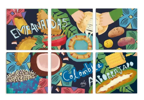 Set de portavasos con ilustración , fondo azul oscuro navy con ilustración de gastronomía colombiana regional — platos nombrados: "Ajiaco", "Obleas", "Empanadas", "Aborrajado", "Arepita", "Roscón", "Pan de yuca", coco, chocolate. Texto central "Aquí se come sabroso Colombia", regalo para extranjeros, colombianos en el exterior y turistas, regalo para hombre, idea de recuerdos de colombia para extranjeros, regalo para mujer, set de portavasos.aile