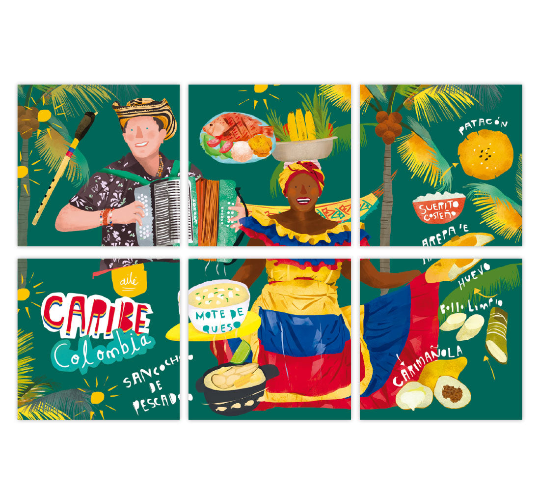 Set de portavasos con ilustración ilustrado "Caribe Colombia" con palenquera, acordeonero y gastronomía costeña, diseño de portavasos inspirados en la gastronomía colombiana, decorar tu mesa, regalos ejecutivos portavasos colombianos, hecho en colombia, regalo cultura colombiana, regalo típico colombiano, souvenir colombiano, recuerdo de viaje original, regalo para extranjeros, colombianos en el exterior y turistas, regalo para hombre, idea de recuerdos de colombia para extranjeros, regalo para mujer. Ailé