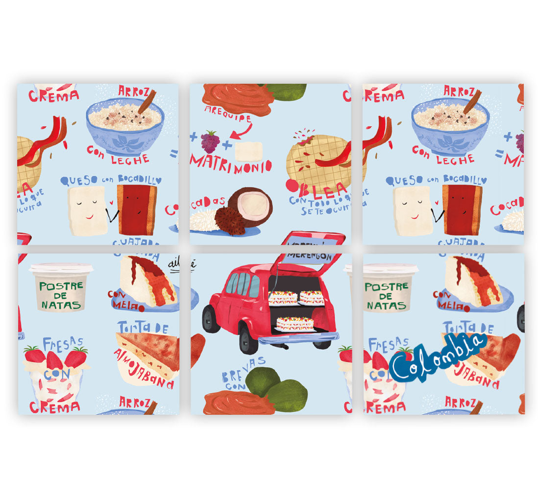 Set de 6 portavasos,diseño "Postres colombianos que alegran la vida" — merengón, arequipe y cocadas — regalo de cocina colombiana, Colombian desserts gift, traditional sweets Colombia souvenir,diseño de portavasos inspirados en la gastronomía colombiana, decorar tu mesa, regalos ejecutivos portavasos colombianos, hecho en colombia, regalo cultura colombiana, regalo típico colombiano, souvenir colombiano, recuerdo de viaje original, regalo para extranjeros, colombianos en el exterior y turistas.aile