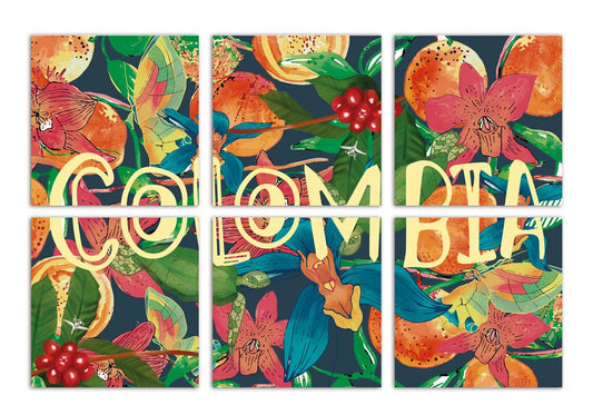 Portavasos con diseño,con ilustración de frutas exóticas, flor nacional de Colombia, café, vallenato, aves y arquitectura colombiana — regalo sabor tropical de Colombia, sabrosura colombiana, "sabores colombianos ilustrados, "frutas tropicales Colombia, set portavasos con madera, portavasos fauna y flora colombiana, portavasos lugares de colombia, portavasos típicos de colombia, recuerdo colombiano portavasos, regalos típicos de colombia portavasos, portavasos artesanales.aile