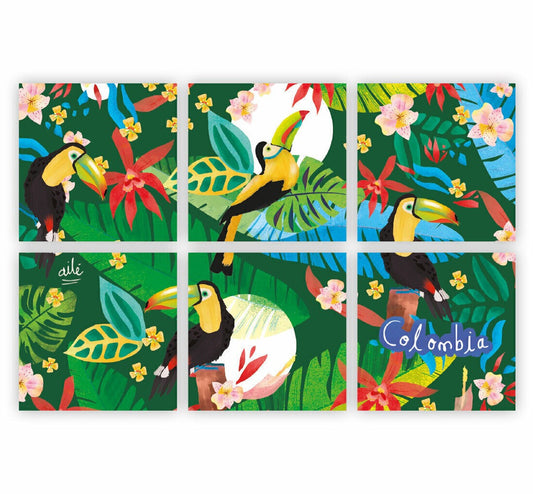 Set de portavasos con ilustración ,ilustrado con tucanes y flora tropical colombiana, heliconias y hojas de selva diseño original Ailé Colombia, estampado tropical colombiano, diseño selva Colombia, regalo para extranjeros, colombianos en el exterior y turistas, regalo para hombre, idea de recuerdos de colombia para extranjeros, regalo para mujer, set de portavasos.aile