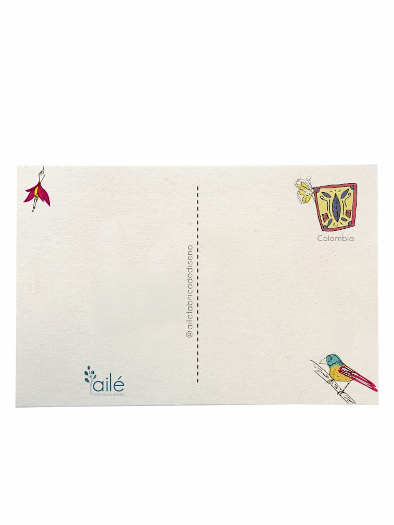 Reverso de postal viajera de Colombia con espacio para mensaje, dónde comprar postales colombianas ilustradas, postal ilustración naturalista, tarjeta postal sostenible, postales de paisajes colombianos, postal decorativa flores, postal cultura colombiana, miniprints de la biodiversidad de colombia, postal impresa papel reciclado, papelería ecológica colombiana, postal souvenir Colombia, postales souvenir hechas en Colombia, postal identidad colombiana. Ailé