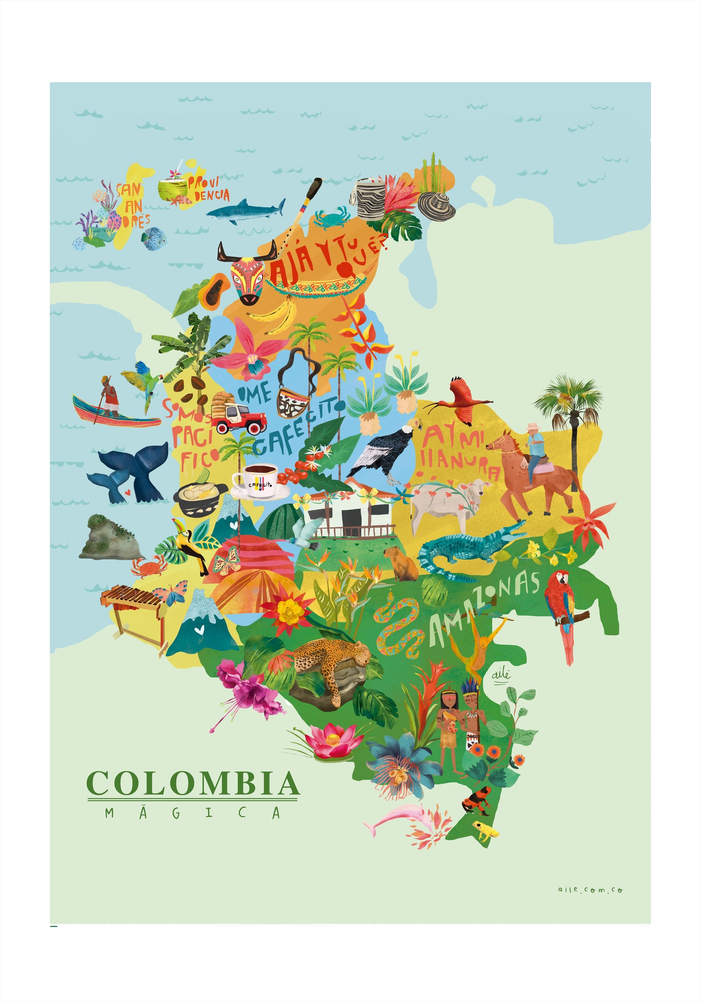 El Valle de Cocora, hogar de la palma de cera —árbol nacional de Colombia y la palma más alta del mundo— ilustrado en tonos verdes que capturan la magia de este paisaje único del Eje Cafetero. Un homenaje visual a uno de los lugares más fotografiados y queridos del país.
Perfecto para decorar con identidad colombiana: una pared, un escritorio, o cualquier rincón que quieras llenar de naturaleza y color, regalo decorativo Cocora póster para amantes de la naturaleza regalo recuerdo Eje Cafetero. Ailé