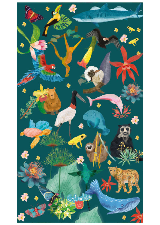 Toalla de playa ilustrada con fauna colombiana — jaguar, tucán, perezoso y rana venenosa amarilla, manatí, colibríes — souvenir biodiversidad Colombia, regalo para extranjeros, recuerdo de viaje original, rana venenosa Colombia, souvenir biodiversidad colombiana, regalo fauna Colombia, animales endémicos Colombia,souvenir playa Colombia Carnaval, regalo navidad toalla Colombia ilustrada, toalla regalo vacaciones Colombia. Ailé