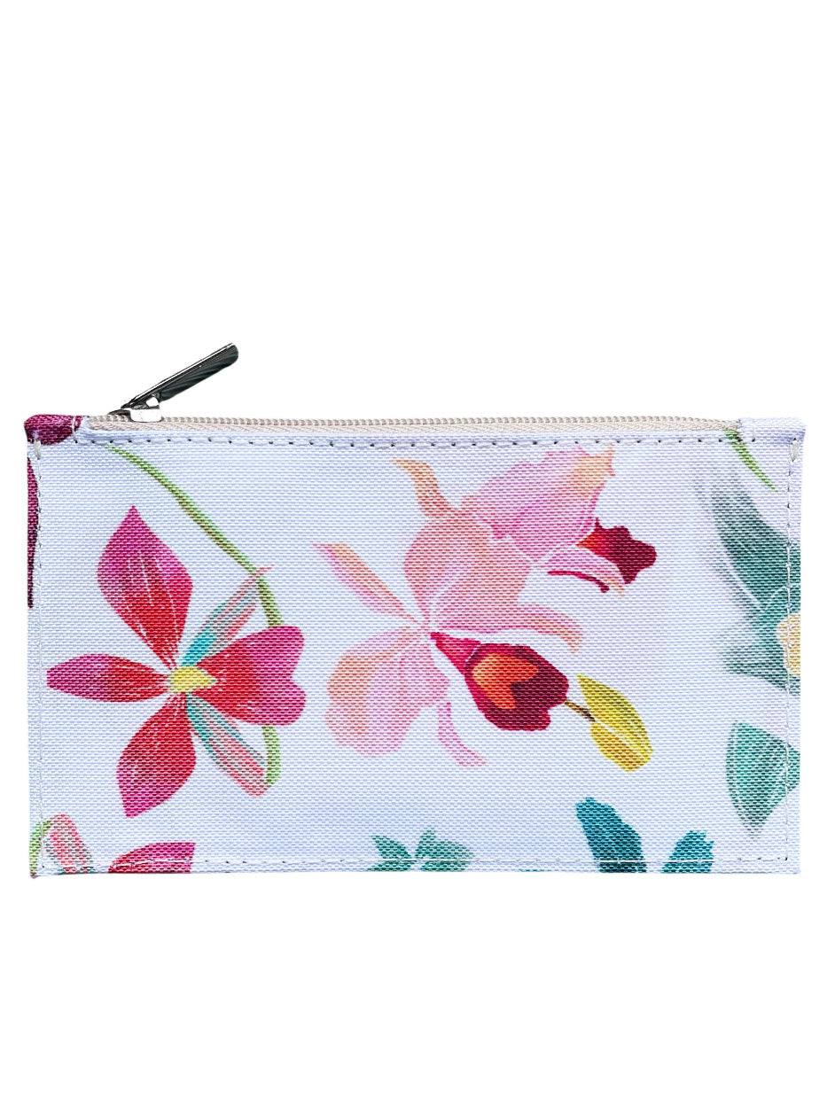 Porta tarjetas con orquídeas colombianas — flor nacional de Colombia — Cattleya trianae,  portadocumentos con diseño colombiano, cartera pequeña tela reciclada Colombia, portadocumentos monedero Colombia, monedero porta tarjetas colombiano, monedero viaje Colombia souvenir, portadocumentos sostenible fauna colombiana ilustrada,Colombian art purse gift. Ailé