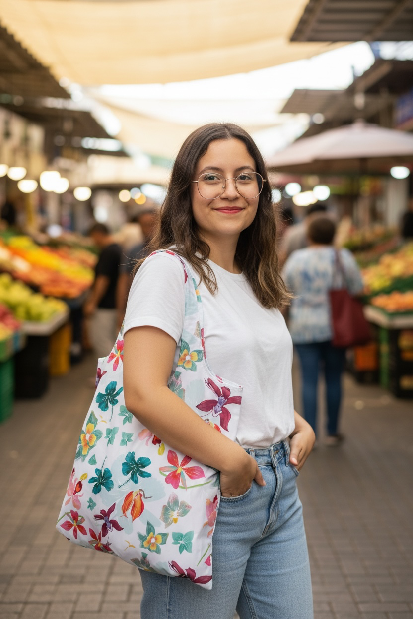 Bolsa plegable regalo, bolsa plegable ecológica Colombia, bolsa reciclada botellas plásticas, bolsa tela eco plegable, tote bag plegable sostenible, bolsa hecha de botellas recicladas, accesorio eco friendly Colombia, bolsa sostenible reutilizable, alternativa bolsa plástico Colombia, bolsa plegable diseño orquídeas, ilustración fauna tropical bolsa eco, comprar bolsa plegable eco Colombia, regalo sostenible colombiano, bolsa mercado reutilizable, flor nacional de Colombia — Cattleya trianae. Ailé