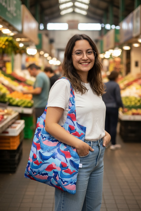 bolsa plegable ballenas enrollada, bolsa compacta ballenas botón, tote bag plegable con cierre botón, bolsa que cabe en la cartera, bolsa reutilizable de bolsillo, bolsa plegable tamaño bolsillo, bolsa hecha de botellas recicladas, bolsa ballenas material reciclado, accesorio eco friendly Colombia, comprar bolsa plegable eco Colombia, bolsa compacta reutilizable regalo, regalo eco fauna marina Colombia, bolsa ballenas material reciclado, regalo eco fauna marina Colombia, souvenir consciente ballenas. Ailé