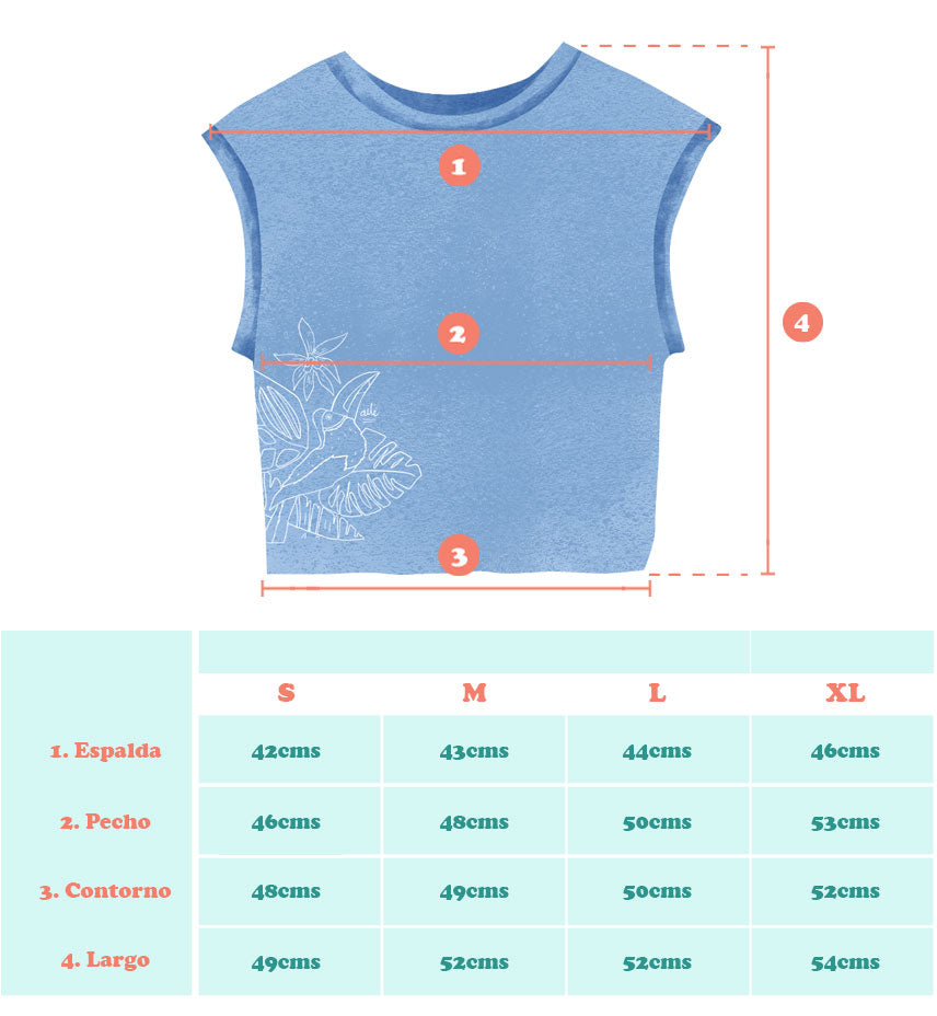 Tabla de medidas camiseta matu ilustrada colombiana Ailé,  moda con identidad colombiana para el día a día, moda con identidad colombiana para el día a día, arte inspirado en la biodiversidad de Colombia, ropa inspirada en aves colombianas, regalo naturaleza colombiana mujer, ropa inspirada en fauna colombiana, camiseta algodón bordado floral, algodón recuperado moda colombiana, ropa reciclada bordada a mano Colombia, marca colombiana moda circular textil, inspirado en la naturaleza tropical. Ailé