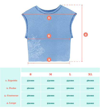 Tabla de medidas camiseta matu ilustrada colombiana Ailé,  moda con identidad colombiana para el día a día, moda con identidad colombiana para el día a día, arte inspirado en la biodiversidad de Colombia, ropa inspirada en aves colombianas, regalo naturaleza colombiana mujer, ropa inspirada en fauna colombiana, camiseta algodón bordado floral, algodón recuperado moda colombiana, ropa reciclada bordada a mano Colombia, marca colombiana moda circular textil, inspirado en la naturaleza tropical. Ailé