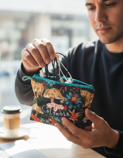 Cosmetiquera souvenir con jaguares ilustrados de Colombia — recuerdo de viaje selva colombiana, tigre, tigre mariposo, regalo para extranjeros, souvenir colombiano. Ailé