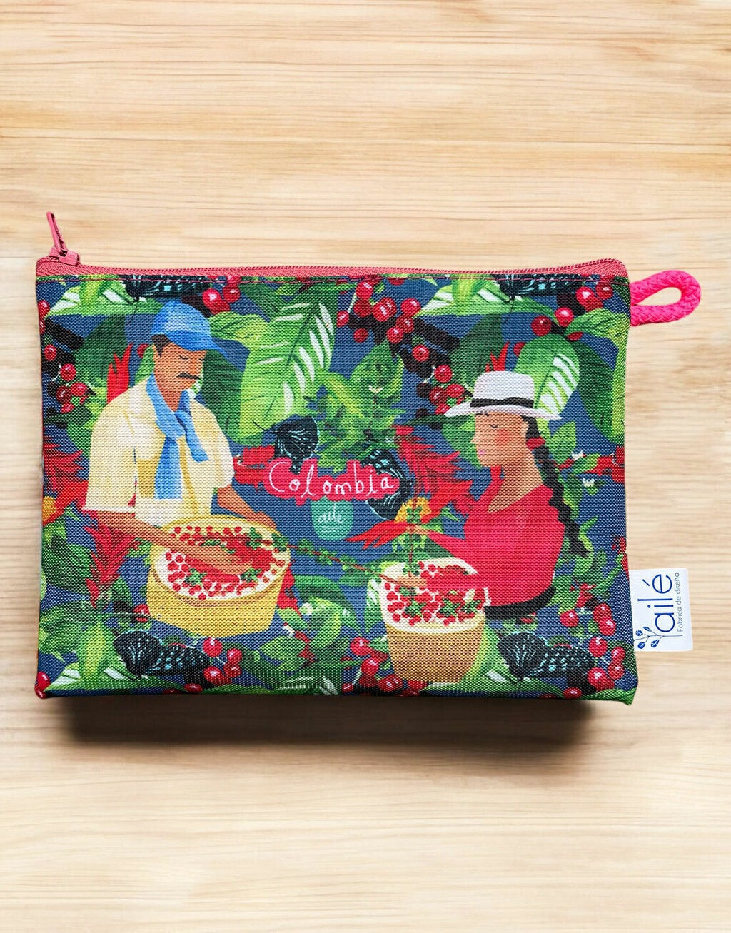 Neceser con ilustración de la cultura cafetera de Colombia — caficultores y granos de café — regalo colombiano, recuerdo de viaje, Ailé