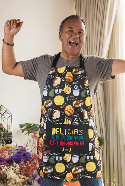 Delantal impermeable con ilustración de comida típica colombiana, regalo gastronómico y souvenir culinario gastronomía colombiana, delantal comida colombiana, bandeja paisa souvenir, arepas colombianas regalo, souvenir gastronomía colombiana, regalo comida típica Colombia, delantal colombiano, accesorio de cocina. Ailé