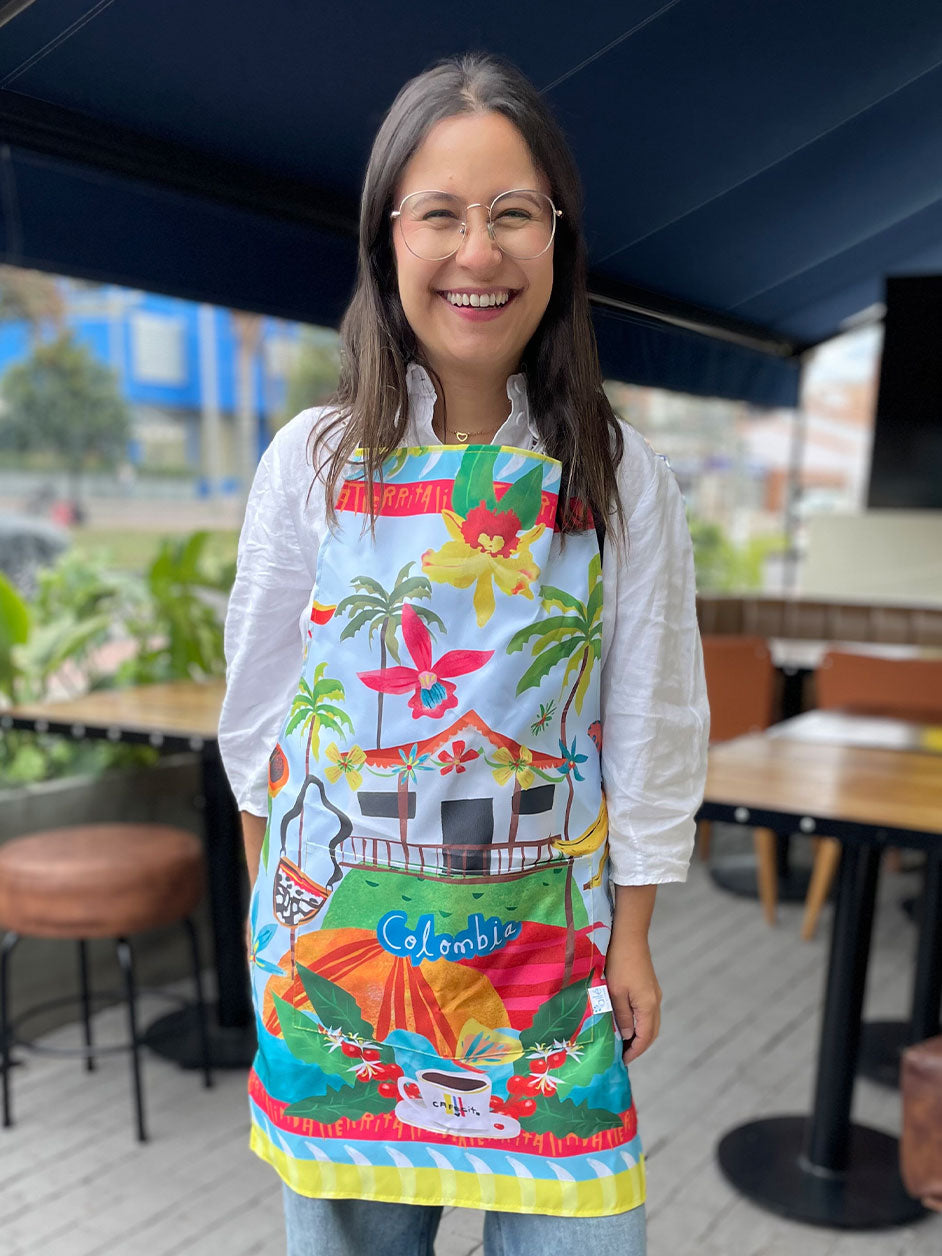 Delantal impermeable con ilustración de tierrita linda, regalo gastronómico, colombianos en el exterior y turistas, delantal ilustrado, delantal antifluido, regalo cultura colombiana, regalo original para amantes de la cocina, souvenir colombiano, recuerdo original. Aile´.