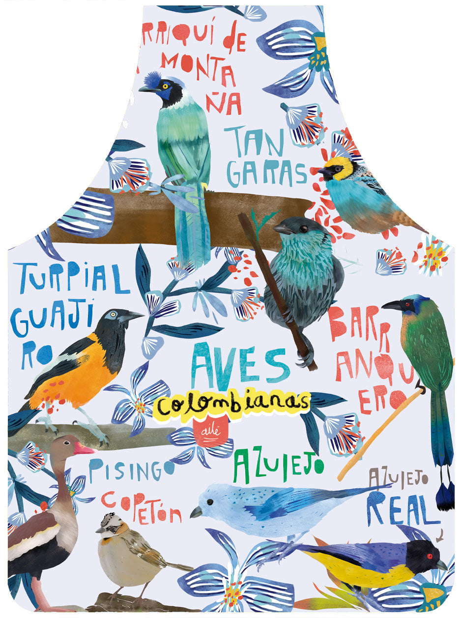 Delantal ilustrado con aves colombianas — Carriquí de la montaña, Copetón, Azulejo real, Turpial, pato pisingo, Tangaras, azulejo y Barranquero — regalos para extranjeros, regalo cultural colombia, pechera, delantal impermeable. Ailé