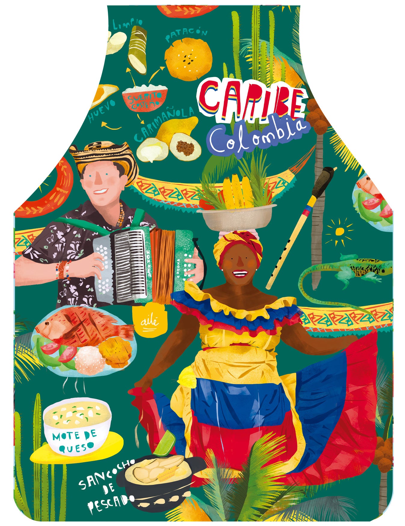 Delantal ilustrado fondo verde oscuro con toda la riqueza del Caribe colombiano — palenquera con traje tricolor bailando en el centro, acordeonero vallenato, Egidio cuadrado, gaita, gastronomía caribeña ilustrada con nombres: "Mote de queso", "Sancocho de pescado", "Patacón", "Carimañola", frutas tropicales, iguana, "suero costeño", "arepa de huevo". Recuerdo de la costa, delantal colombiano. Ailé