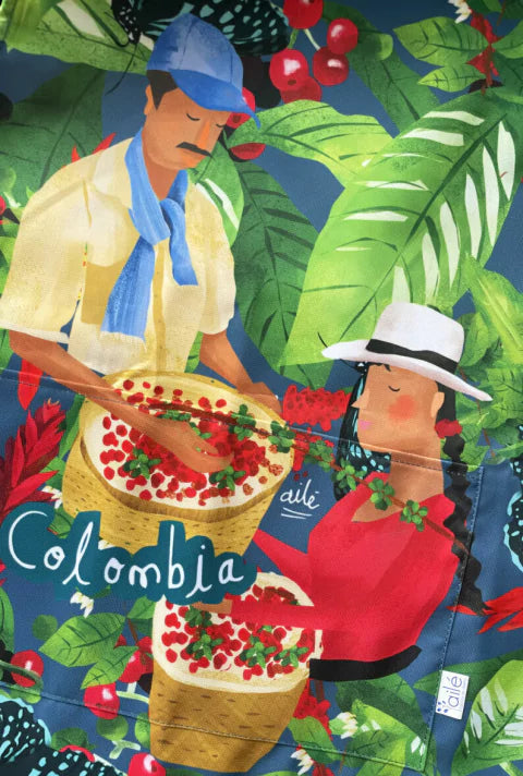 Delantal con diseño de la cultura cafetera de Colombia — caficultores y granos de café — regalo colombiano, recuerdo de viaje, cosecha café Colombia, Coffee Region Colombia souvenir, Colombian coffee harvest gift, colombianos en el exterior y turistas, delantal ilustrado, regalo original para amantes de la cocina y naturaleza, regalo de cocina colombiano.  Ailé
