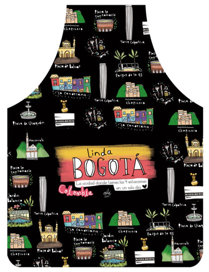 Delantal con diseño de los lugares icónicos de Bogotá — monumentos y barrios nombrados: "Torre Colpatria", "Plaza de Bolívar", "Parque de la 93", "La Candelaria", "Chapinero", "Plaza de Usaquén", "Jardín Botánico", "Monserrate", "Museo del Oro", "Zona T", "Plaza la Santamaria", "plaza de bolivar" regalo sostenible, souvenir colombiano, regalo para hombre, regalo de cocina colombiano, regalo típico colombiano. Ailé