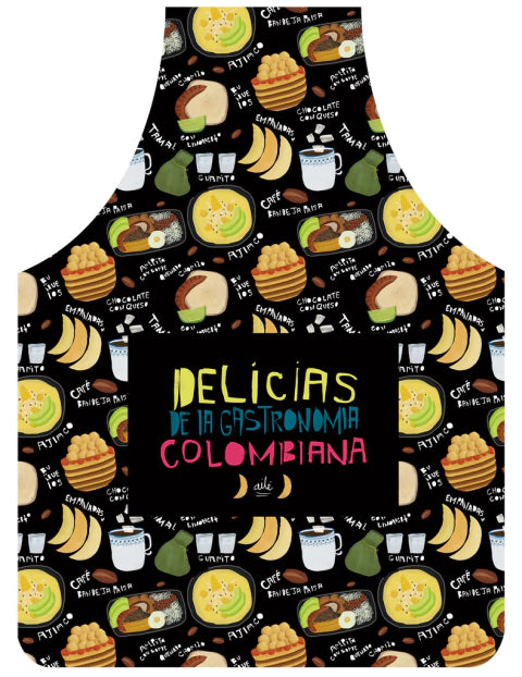 Delantal ilustrado "Delicias de la Gastronomía Colombiana" — empanadas, tamal, guaro, buñuelos, arepita con chorizo  — regalo cocina colombiana, regalo para hombre, regalo colombiano de cocina, regalo gastronómico, regalo cultural colombia, delantal antifluido, decoración cocina estilo colombiano, delantal impermeable, regalo para mujer, regalo típico de colombia. Aié