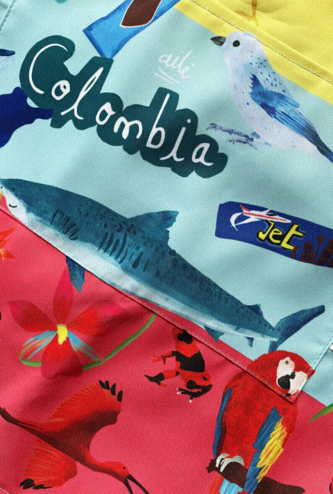 Delantal inspirado con los colores y sabores de Colombia ilustrados, colección Colores de Mi Tierra, fauna marina y escenas típicas colombianas en tres franjas de color, regalo con todo Colombia, regalo original para amantes de la cocina y la biodiversidad. Ailé