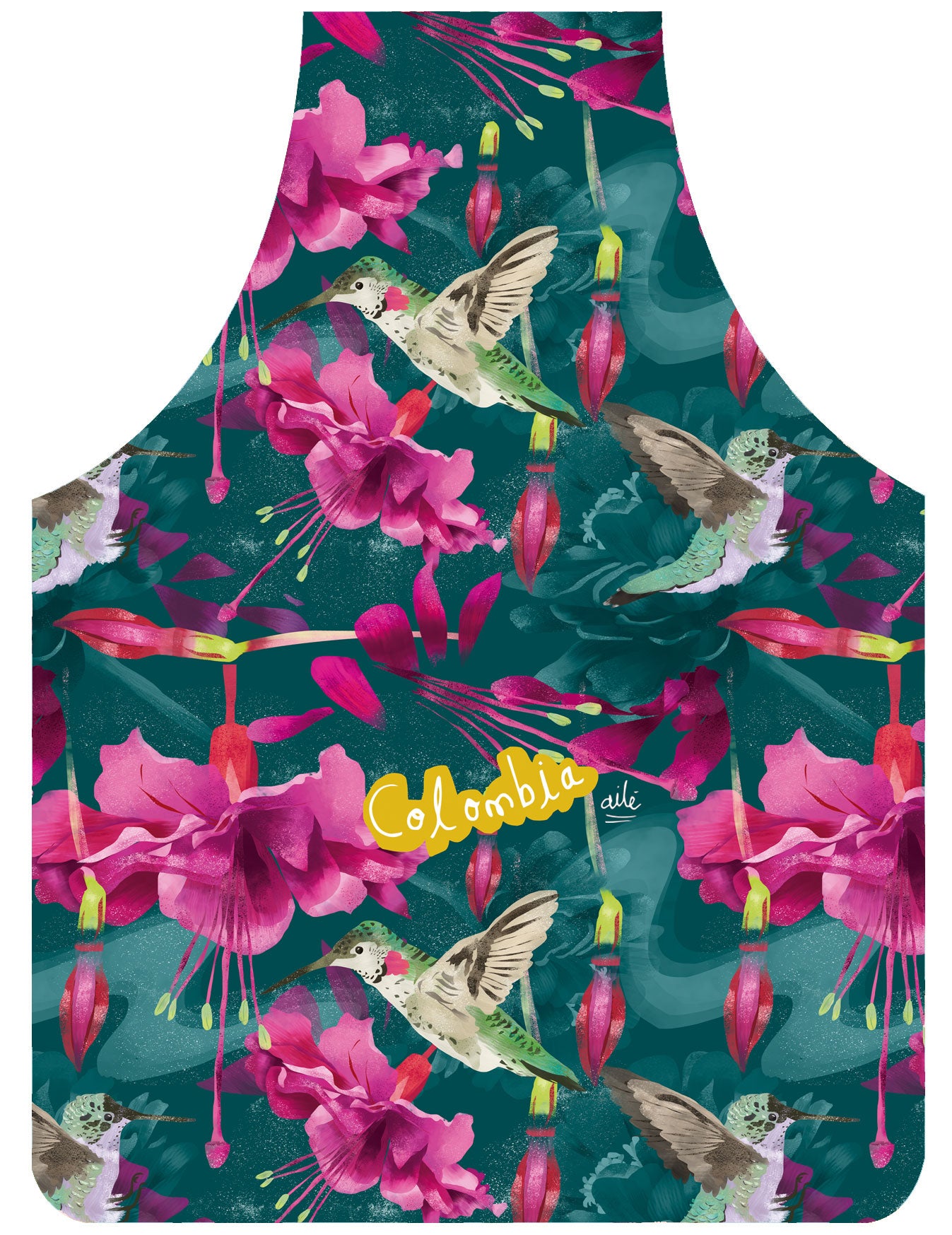 Delantal con diseño de colibríes colombianos y flores tropicales, gracias, orquídea, flores— regalos de Colombia, souvenir colombiano, regalo sostenible, regalo colibrí colombiano, recuerdo de viaje original, colombianos en el exterior y turistas, souvenir colombiano. Ailé