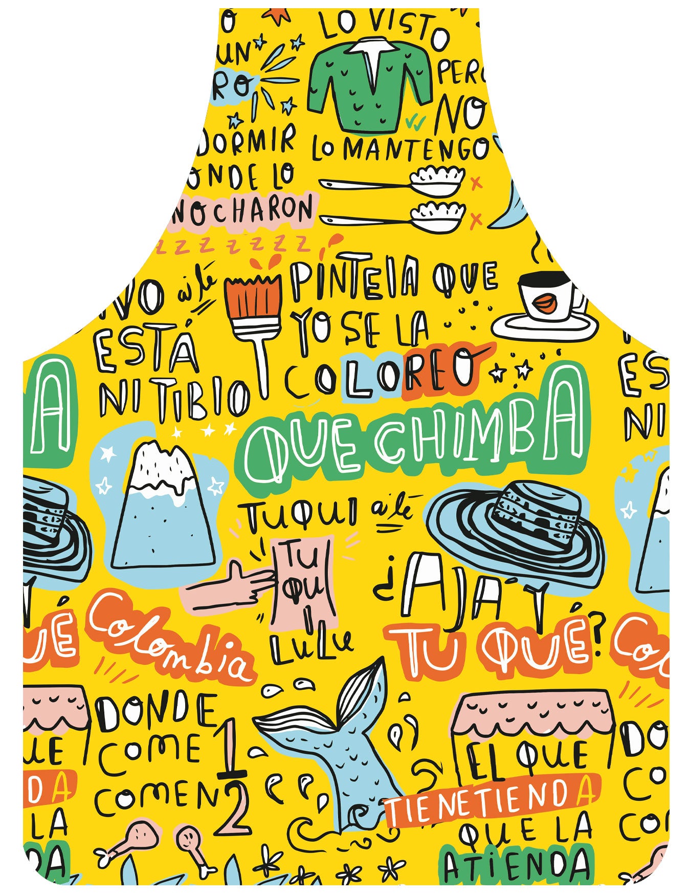 Delantal ilustrado fondo amarillo vibrante lleno de frases típicas colombianas escritas con ilustraciones: "Que chimba", "Pintela que yo se la coloreo", "A ni tibio", "Lo visto pero no lo mantengo", "Tuqui tuqui", "¿Tu qué? Colombia", "Donde come uno comen dos", "El que tiene tienda que la atienda", "¿Ajá?", "Lulú" Delantal Colombiano, Regalo para extranjeros. Ailé