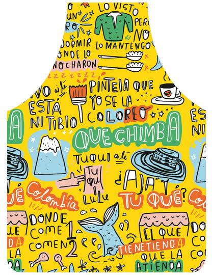 Delantal ilustrado fondo amarillo vibrante lleno de frases típicas colombianas escritas con ilustraciones: "Que chimba", "Pintela que yo se la coloreo", "A ni tibio", "Lo visto pero no lo mantengo", "Tuqui tuqui", "¿Tu qué? Colombia", "Donde come uno comen dos", "El que tiene tienda que la atienda", "¿Ajá?", "Lulú" Delantal Colombiano, Regalo para extranjeros. Ailé