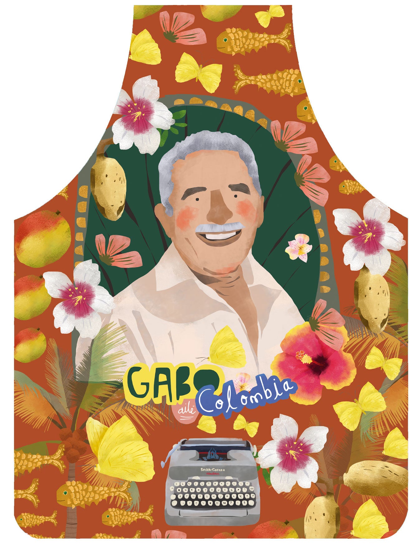 Delantal ilustrado fondo terracota/rojo oscuro con retrato de Gabriel García Márquez sonriente — rodeado de mariposas amarillas, peces dorados, flores tropicales rosas y blancas, mangos. Máquina de escribir ilustrada en la parte inferior. Gabo Colombia. Ailé