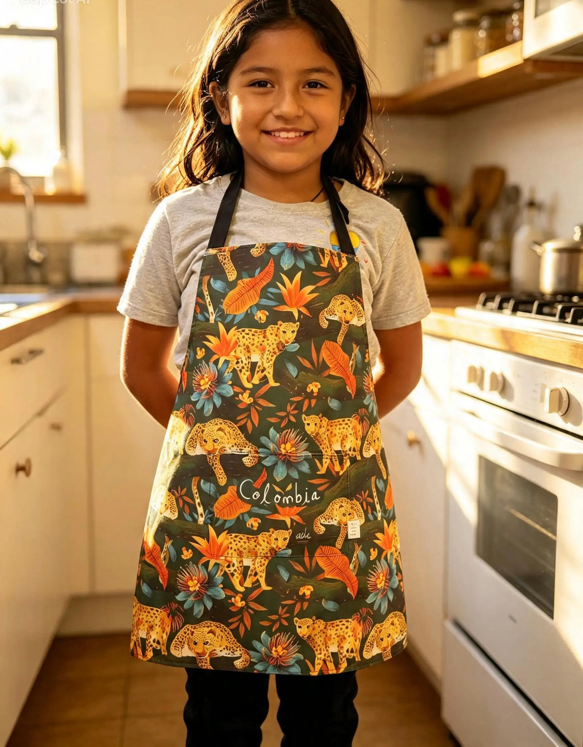 Colombian jaguar apron jungle wildlife kitchen apron Colombian jaguar print gift apron tropical animal print apron Colombia dónde comprar delantal jaguar Colombia delantal fauna tropical comprar online delantal cocina infantil diseño animal Colombia delantal patrón jaguar hojas delantal verde oscuro tropical delantal estampado felino colorido jaguar Amazonía colombiana
felino selva colombiana ilustrado. Ailé