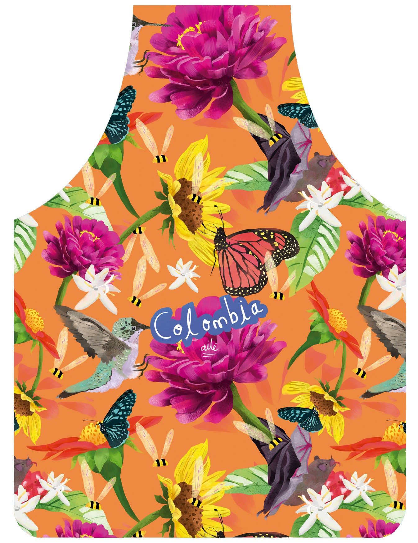 Delantal ilustrado fondo naranja vibrante con polinizadores colombianos — mariposa monarca, colibrí, abejas, murciélago, flores grandes fucsia y girasoles amarillos. Souvenir colombiano, regalo para extranjeros, delantal colombiano, delantal antifluido, regalo de flora y fauna, pechera, accesorio de cocina, delantal impermeable. Ailé