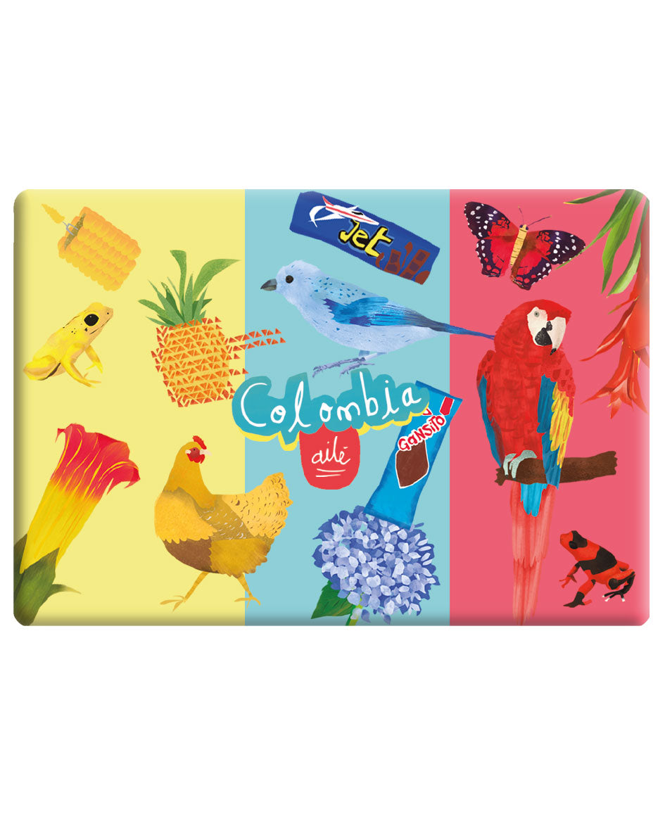 Imán souvenir Colombia diseño con fauna colombiana — jaguar, mariposas, gallina, azulejo, guacamaya roja, corocora — diseño colombiano Ailé, colores de Colombia, colors of Colombia souvenir, souvenir imán Colombia, recuerdo de Colombia imán, imán biodiversidad colombiana, imán turístico Colombia, Colombian fauna magnet souvenir, imán regalo colombiano, souvenir colombiano imán nevera, imán refrigerador colombiano, Colombian illustrated fridge magnet, recuerdo viaje Colombia imán. Ailé