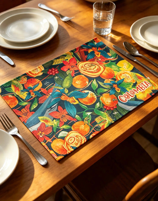 Individual Frutas Colombia Ailé, ilustración de cítricos tropicales en tela, Individual Ailé Frutas, homenaje ilustrado a la riqueza frutal de Colombia, individual frutas Colombia,mantel individual cítricos tropicales,individual diseño frutal colombiano, portamanteles naranjas ilustradas, individual gastronómico Colombia, ndividual fondo azul oscuro frutas,individual naranjas mandarinas ilustradas, diseño botánico frutal mesa, cítricos Colombia ilustrados,riqueza frutal colombiana mesa,Colombia diversidad
