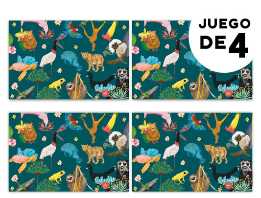 Individuales con diseño,lustrada con fauna colombiana — jaguar, tucán, perezoso y rana venenosa amarilla, manatí, colibríes — souvenir biodiversidad Colombia, regalo para extranjeros, recuerdo de viaje original, rana venenosa Colombia, souvenir biodiversidad colombiana, regalo fauna Colombia, animales endémicos Colombia, individuales ilustrados Colombia, individual sostenible con diseño colombiano, individual hecho con botellas recicladas Colombia,  colombian illustrated home accessories.Aile