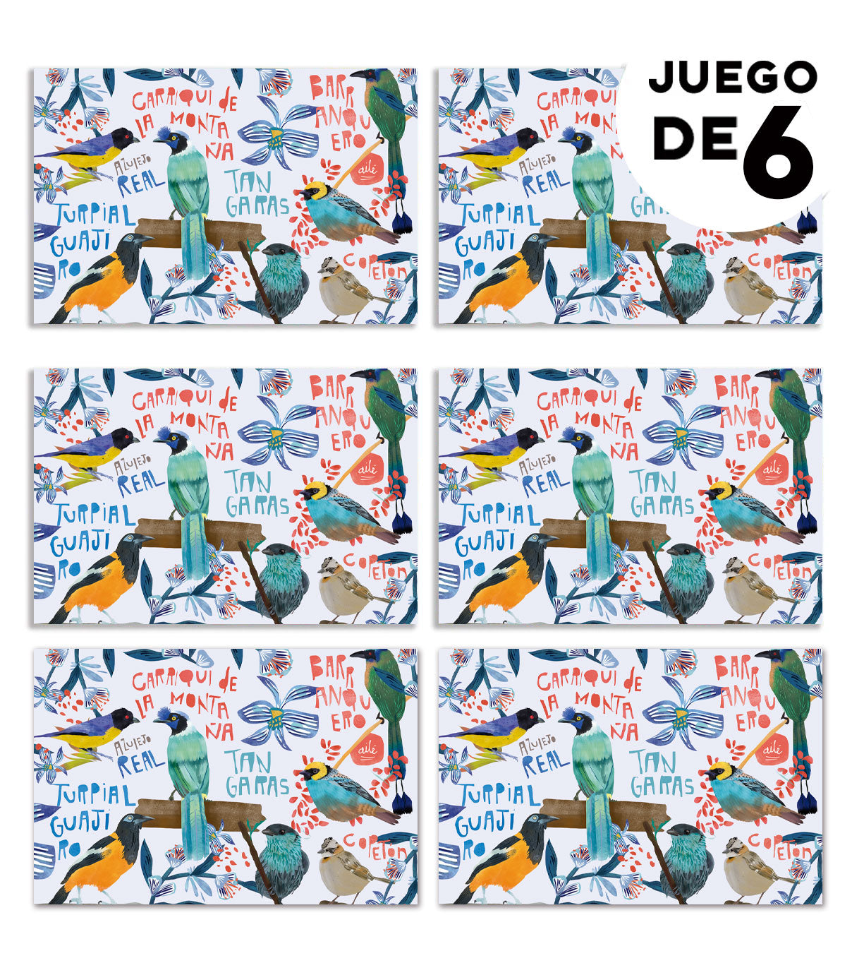 Individuales ilustrados,con ilustración de aves nativas de Colombia,illustrated Colombia table mat, decoración de mesa colombiana, decoración colombiana para comedor, set de individuales con diseño de fauna colombiana, detalle empresarial colombiano ilustrado, individuales colombianos para regalo empresarial, individuales decorativos con biodiversidad colombiana, individuales para mesa diseño Aile Colombia.aile