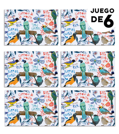 Individuales ilustrados,con ilustración de aves nativas de Colombia,illustrated Colombia table mat, decoración de mesa colombiana, decoración colombiana para comedor, set de individuales con diseño de fauna colombiana, detalle empresarial colombiano ilustrado, individuales colombianos para regalo empresarial, individuales decorativos con biodiversidad colombiana, individuales para mesa diseño Aile Colombia.aile