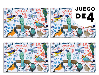 Individuales para mesa con,ilustrado con aves colombianas — Carriquí de la montaña, Copetón, Azulejo real, Turpial, pato pisingo, Tangaras, azulejo y Barranquero , set de individuales con diseño de fauna colombiana, detalle empresarial colombiano ilustrado, individuales colombianos para regalo empresarial.aile