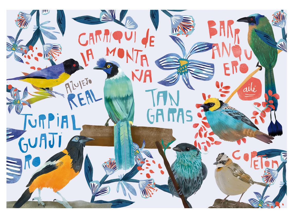 Set de individuales, ilustrado con aves colombianas — Carriquí de la montaña, Copetón, Azulejo real, Turpial, pato pisingo, Tangaras, azulejo y Barranquero ,egalo colombiano para el hogar, individual ecológico colombiano, detalle colombiano para la mesa, individuales de mesa colombianos, individual tela reciclada Colombia, individuales ilustrados Colombia.aile