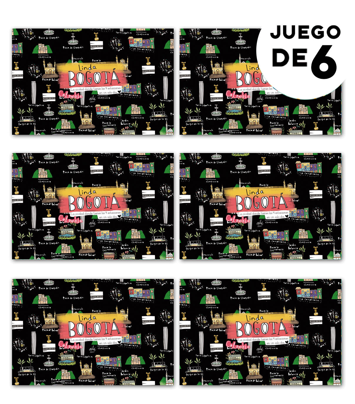 Individual de tela impermeable,con diseño de los lugares icónicos de Bogotá — monumentos y barrios nombrados: "Torre Colpatria", "Plaza de Bolívar", "Parque de la 93", "La Candelaria", "Chapinero", "Plaza de Usaquén", "Jardín Botánico", "Monserrate", "Museo del Oro", "Zona T", "Plaza la Santamaria", "plaza de bolivar",  detalle empresarial colombiano ilustrado, individuales colombianos para regalo empresarial, individuales decorativos con biodiversidad colombiana, individuales para mesa. Aile
