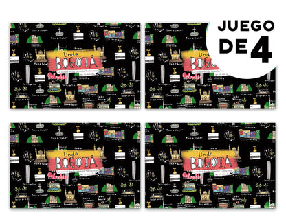 Individuales con diseño, con el centro histórico, barrios de Bogotá, historia y escena bogotana — souvenir de Bogotá, hecho en Colombia, regalo para extranjeros, cultura Bogotana, regalo sostenible, souvenir Bogotá lugares turísticos, regalo Linda Bogotá, Monserrate Bogotá souvenir, Museo del Oro Colombia regalo, La Candelaria Bogotá souvenir, íconos arquitectónicos Bogotá, souvenir y regalo turístico de la capital colombiana, colombian illustrated home accessories, individuales decorativos Colombia.Aile