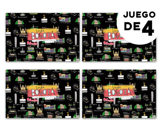 Individuales con diseño, con el centro histórico, barrios de Bogotá, historia y escena bogotana — souvenir de Bogotá, hecho en Colombia, regalo para extranjeros, cultura Bogotana, regalo sostenible, souvenir Bogotá lugares turísticos, regalo Linda Bogotá, Monserrate Bogotá souvenir, Museo del Oro Colombia regalo, La Candelaria Bogotá souvenir, íconos arquitectónicos Bogotá, souvenir y regalo turístico de la capital colombiana, colombian illustrated home accessories, individuales decorativos Colombia.Aile