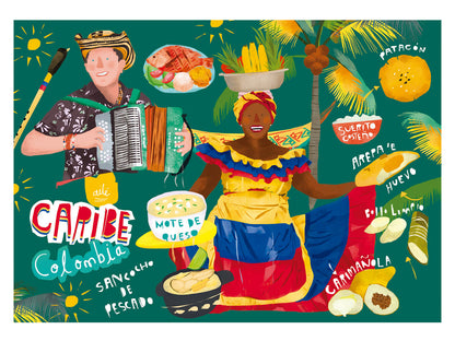 Set de individuales, ilustrado fondo verde oscuro con toda la riqueza del Caribe colombiano — palenquera con traje tricolor bailando en el centro, acordeonero vallenato, Egidio cuadrado, gaita, gastronomía caribeña ilustrada con nombres: "Mote de queso", "Sancocho de pescado", "Patacón", "Carimañola", frutas tropicales, iguana, "suero costeño", "arepa de huevo". Recuerdo de la costa,regalo colombiano para el hogar, individual ecológico colombiano, detalle colombiano para la mesa, individuales de mesa.aile